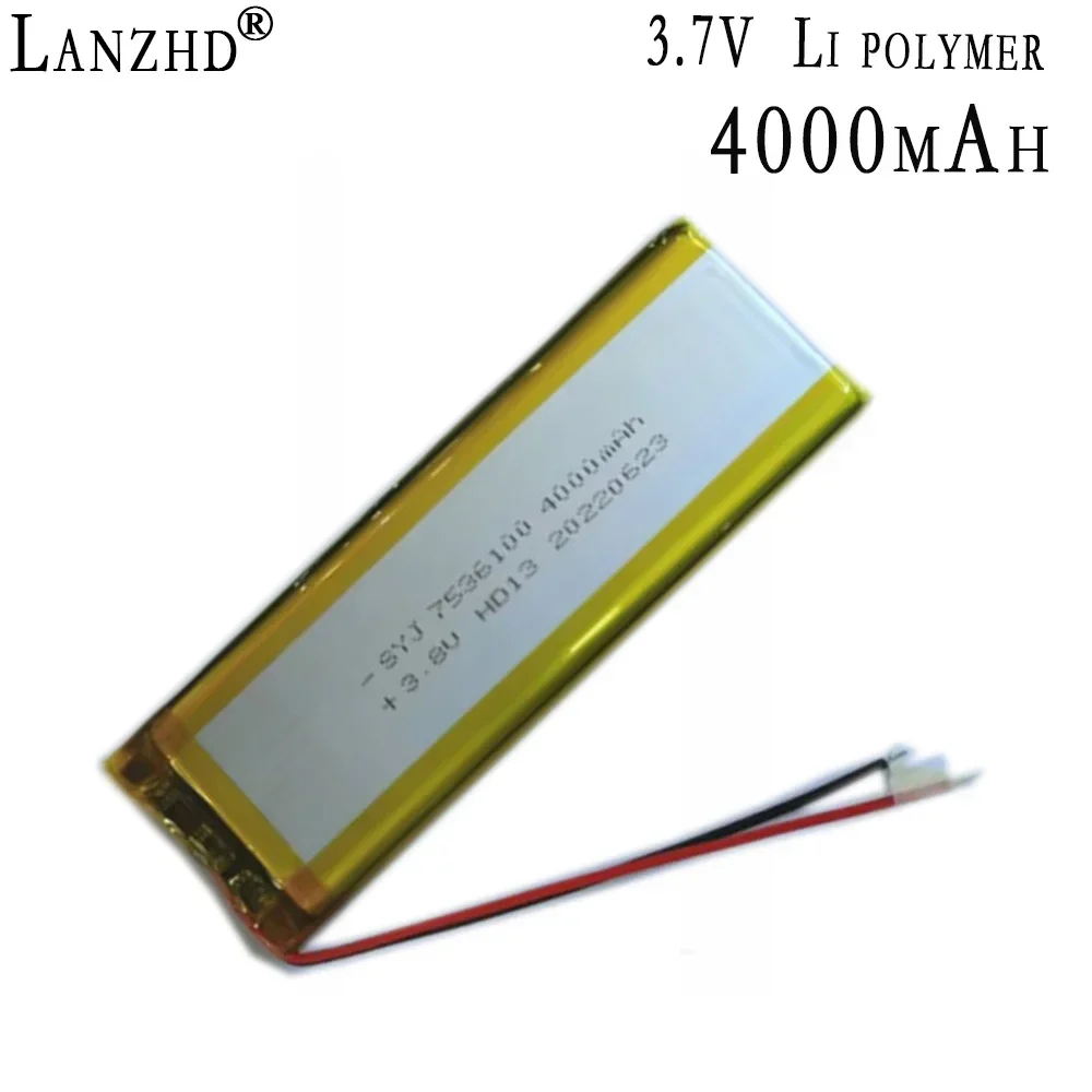 Bateria de Lítio Recarregável LiPo 3.7V 4000mAh, Polímero 7536100 Li, Banco de Carga, Lâmpada LED, Produtos Médicos, Tablet, PC, 1-10Pcs