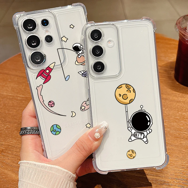 Cartoon Astronaut Print Phone Case For Samsung Galaxy S26 S25 S24 S23 Ultra S22 Plus S21 S24 S25 FE Clear Shockproof Soft Cover