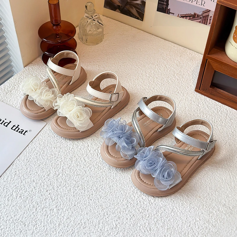 Toddler Little Girls Sandals with Organza Flower Straps Open Toe Adjustable Buckle Non-slip Soft Sole Summer Princess Dress Shoe
