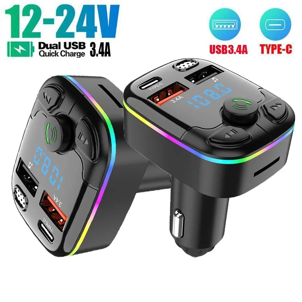 Bluetooth 5.0 Car FM Transmitter PD Type-C Dual USB Ambient Player MP3 Charger Type-C Wireless Light 18W Handsfree PD QC3.0 Y3Z4