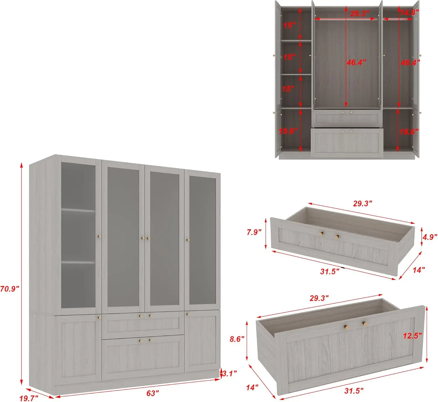 Armoire Wardrobe Closet with 4 Frosted Glass Doors, Hanging Bars, Shelves & Drawers, Durable and Sturdy, Easy To Clean, Wardrobe