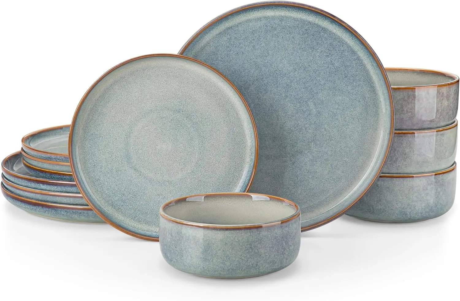 

Plates and Bowls Sets, 12 Pieces Light-Blue Dinnerware Sets for Kitchen, Reactive Glaze Dishes Set for 4, Dishwasher and Microwa