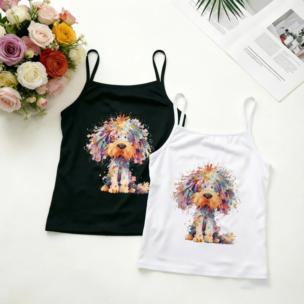 Vibrant Watercolor Dog Pattern Cami Top Cute Colorful Artistic Puppy Pet Graphic Print Camisole Casual Summer Tank Top Women