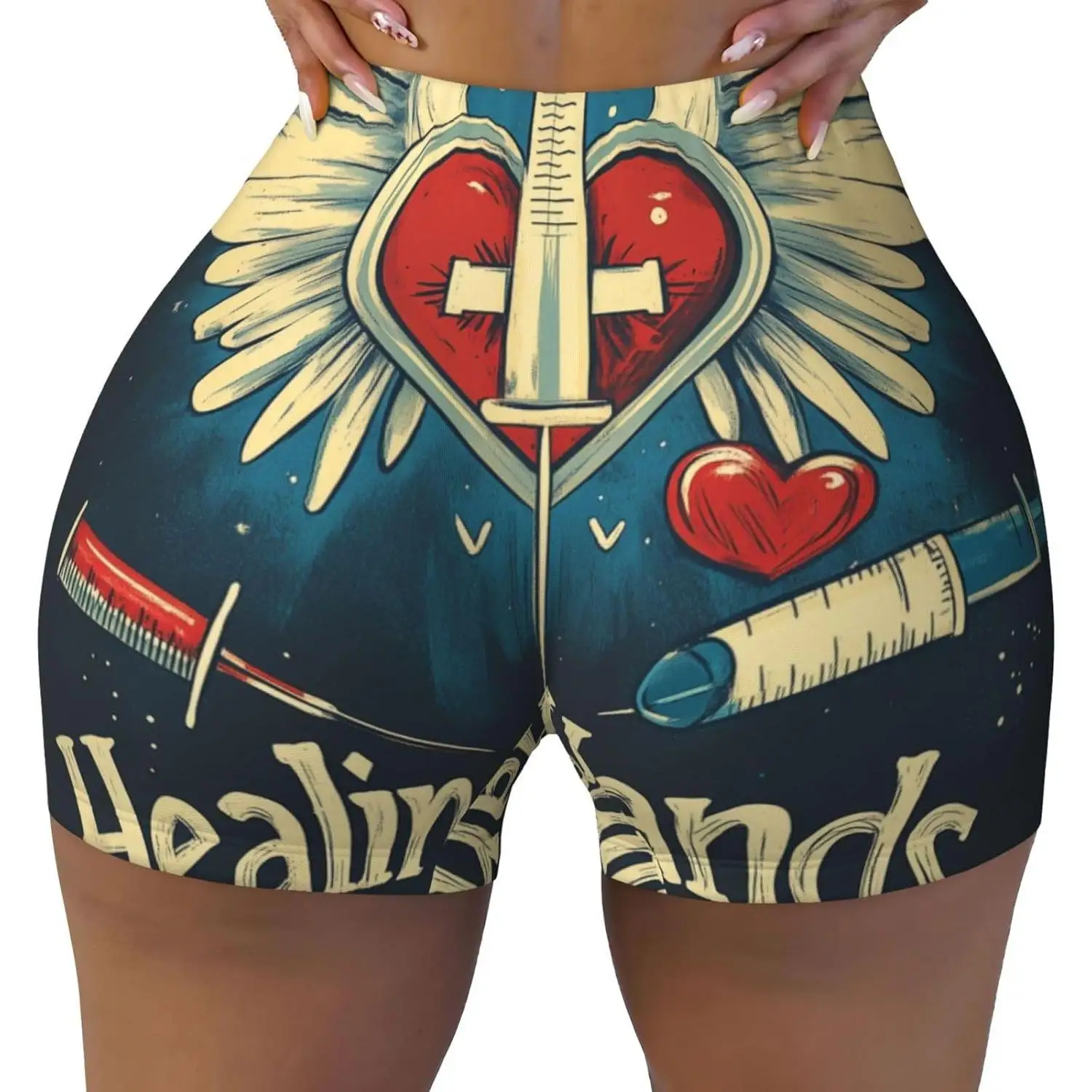 شورت رياضي نسائي قابل للتمدد، شورت جري بشعار ممرضة مسجلة للنساء، ماص للرطوبة #1