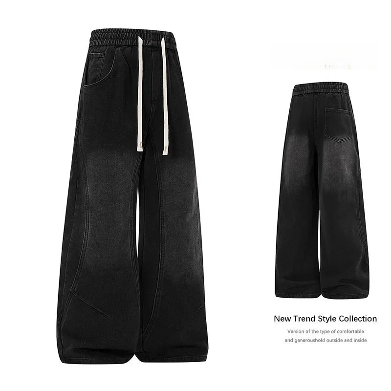 

American Style Wide Leg Jeans Men Women Spring Autumn Loose Fit Casual Washed Drawstring Elastic Waist Straight Tube Pants