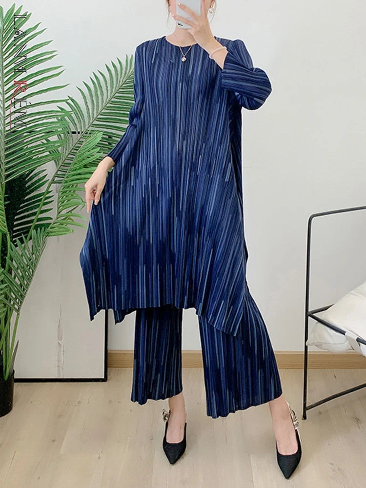 LANMREM 2 Pieces Set Women Color Block Loose Long Pleated Top Wide Leg Elastic Waist Trousers Lady Elegant Clothing 2R4535