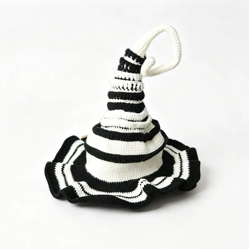 Handmade Black White Striped Witch Hat Women Custom Crochet Knitted Wizard Hat Men Cosplay Halloween Magic Party Winter Warm Cap