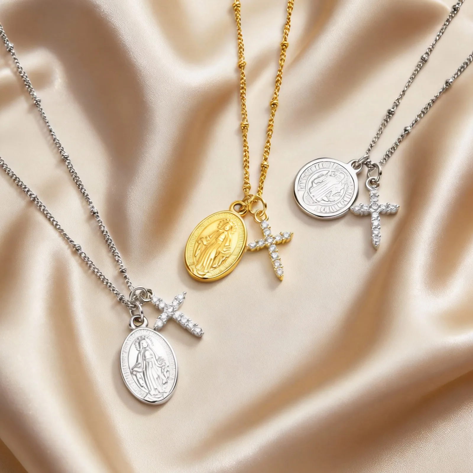 Vnox Stainless Steel Virgin Mary with Copper Zirconia Cross Pendant Necklaecs,  Women's Necklace Religious Amulet Gifts