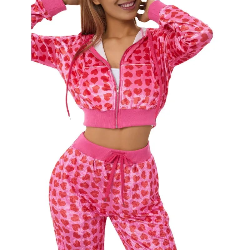 

Women's Spring Autumn Suit Sweatshirt Hooded Zipper Top Printed Heart Comfortable Slim Simple Soft Versatile Leisure Slim Niche