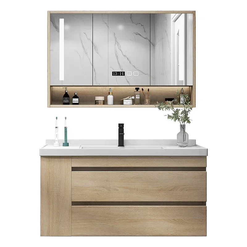 Szafka łazienkowa drewniana, zestaw szafek łazienkowych, lekka luksusowa szafka łazienkowa, umywalka, minimalistyczna