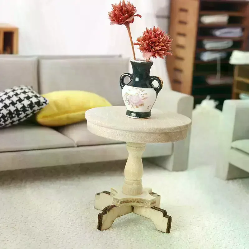 Mesa de centro en miniatura para casa de muñecas 1:12, mesa redonda pequeña, muebles de mesa de madera originales, modelo de decoración para el hogar, accesorios para casa de muñecas de juguete