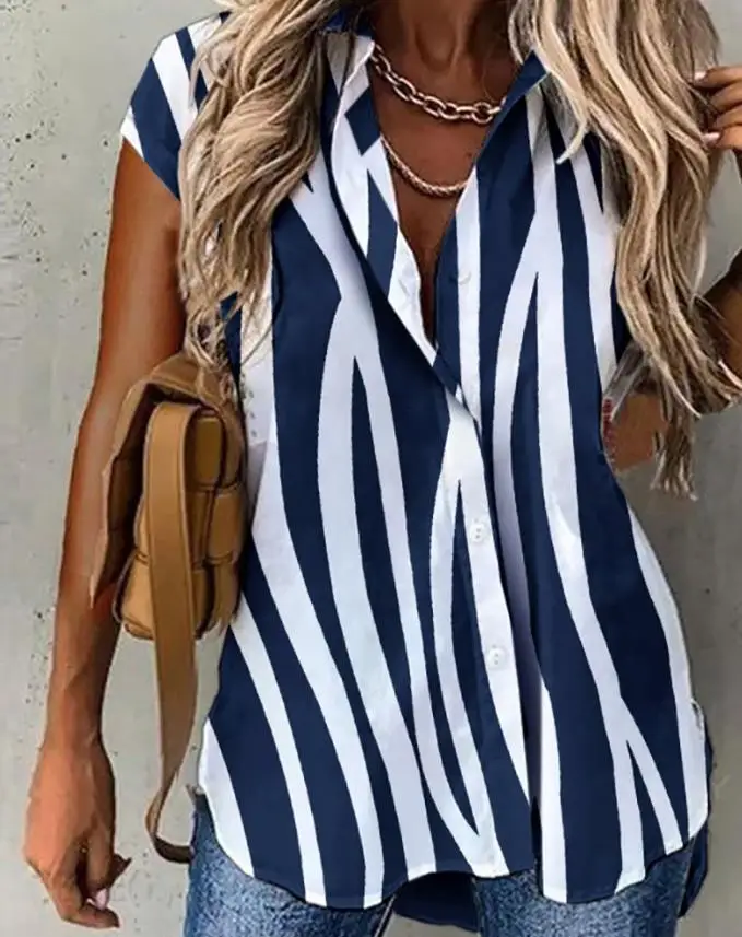 

Summer New Casual Women's Blouses Zebra Stripe Print Short Sleeve Buttoned Top Female Fashion T Shirts