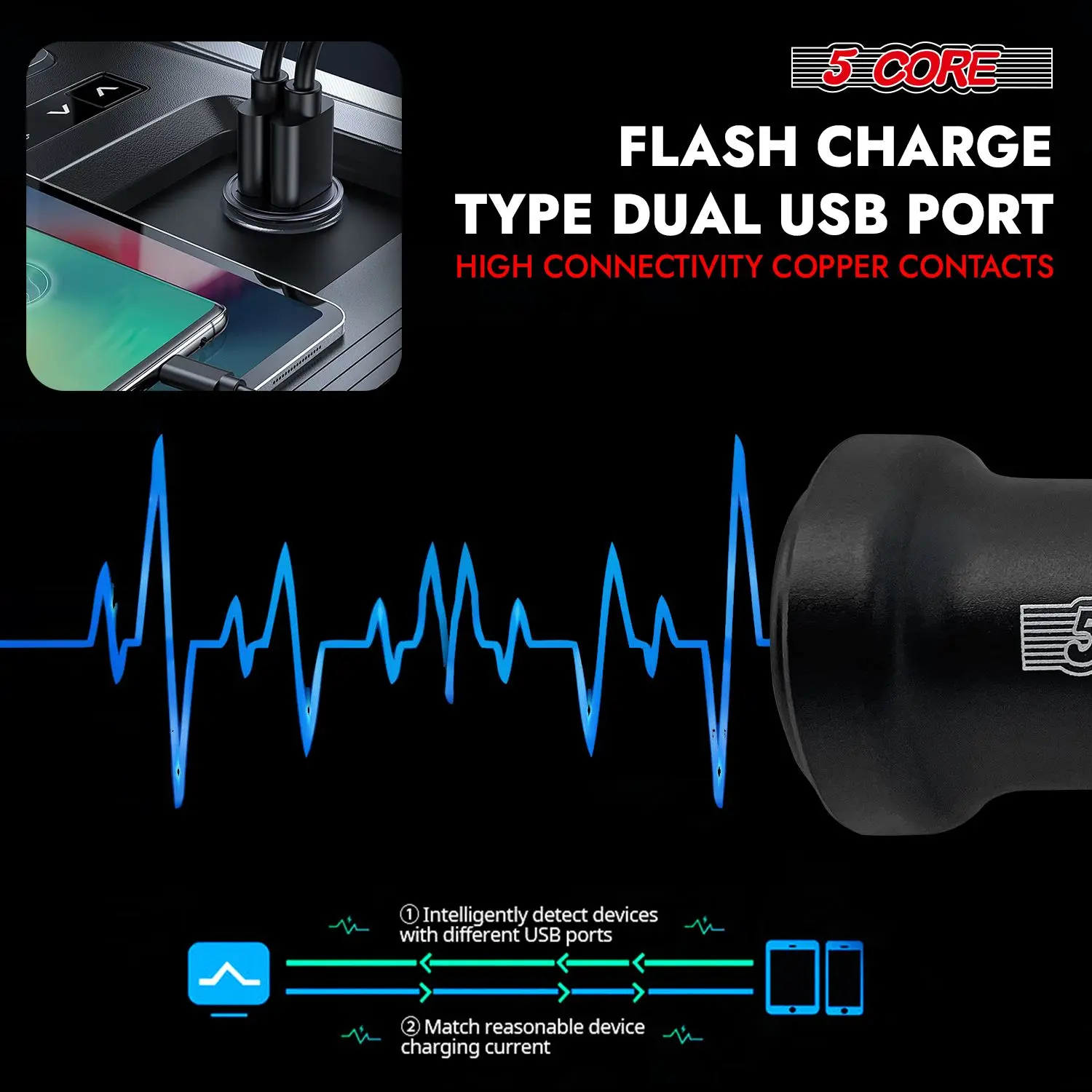 USB Car Charger Cigarette Lighter Adapter Dual USB Port Adapter 12/24 V Fast Charging - CDKC13 1Pc