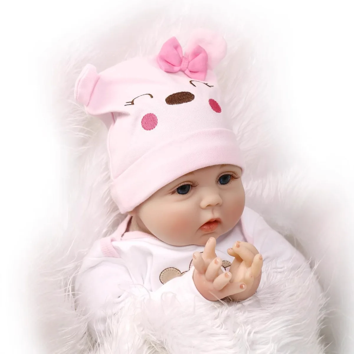 Muñeca Reborn de vinilo de 22 pulgadas |   Juguete realista para bebé con cuerpo de tela, ojos azules oscuros, extremidades ajustables, características faciales realistas,