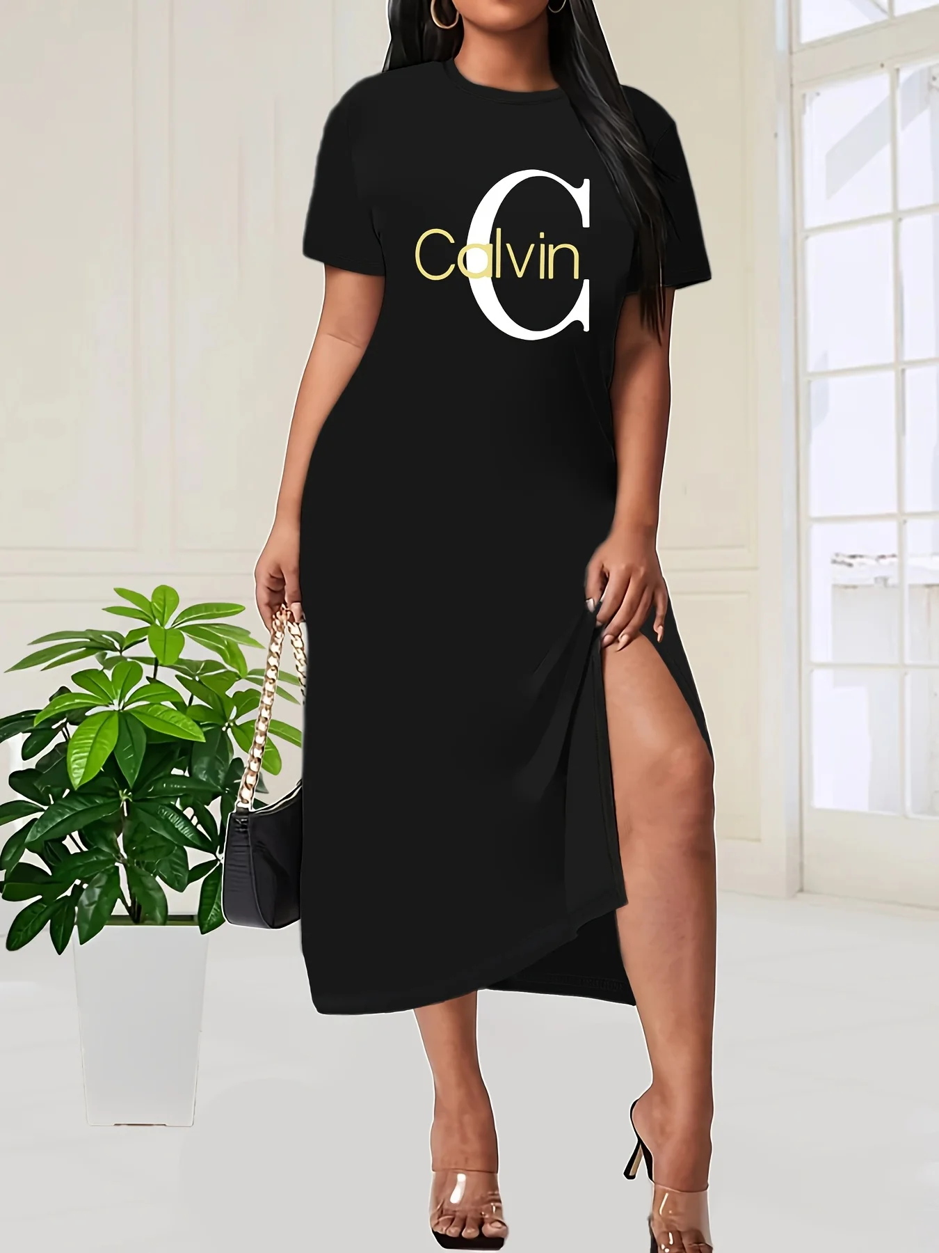 Robe d'été longue t-shirt pour femmes, noire, élégante, jupe fendue, graphique ours rose