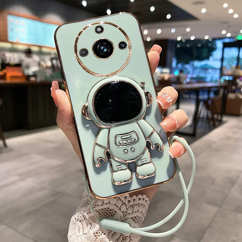 For Realme 11Pro 11 Plus Electroplated Drop-proof Dustproof Soft Phone Case with Cartoon Astronaut Folding Stand  Holder lanyard