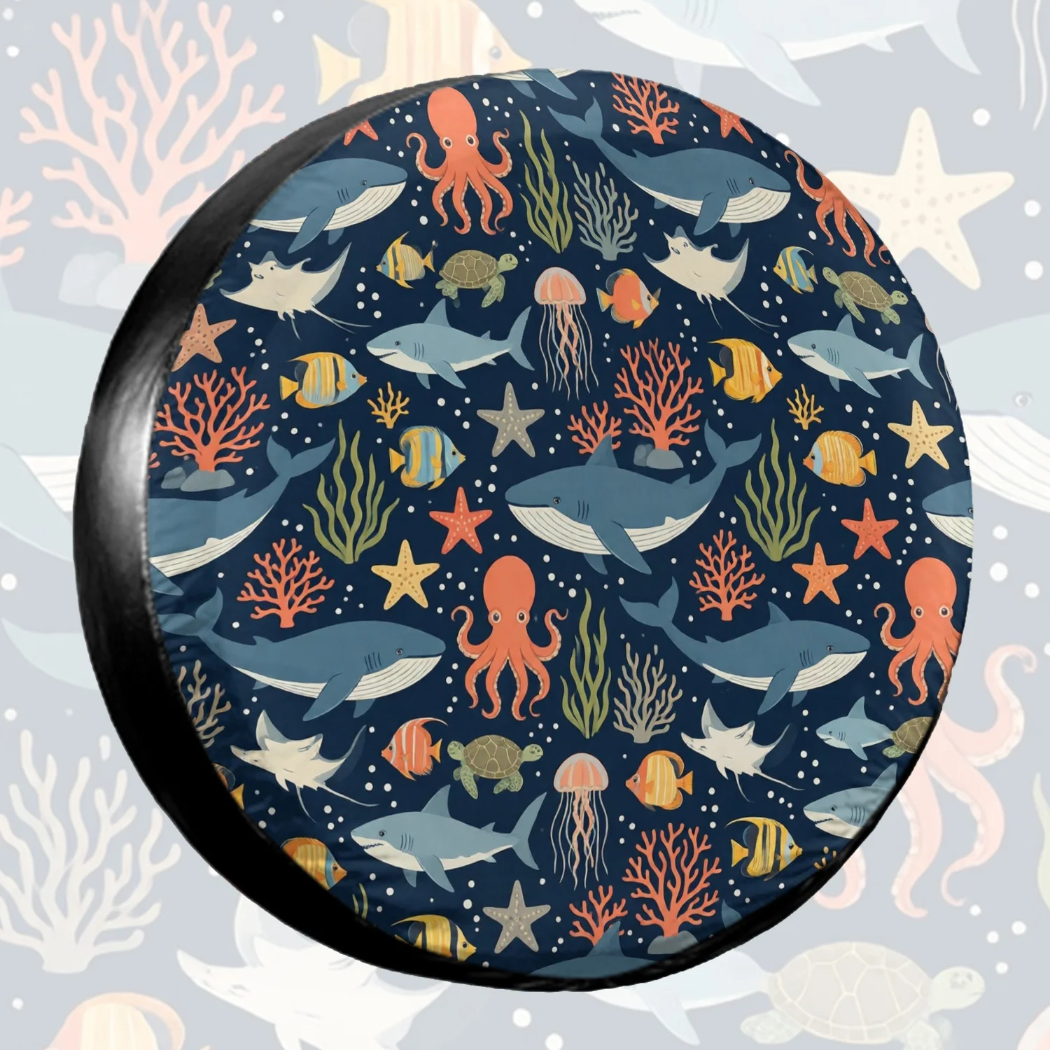 1pc Spare Tire Cover Underwater Ocean Marine Life Flat Pattern Weatherproof Dustproof Wheel Protectors Universal Wheel Covers Fi
