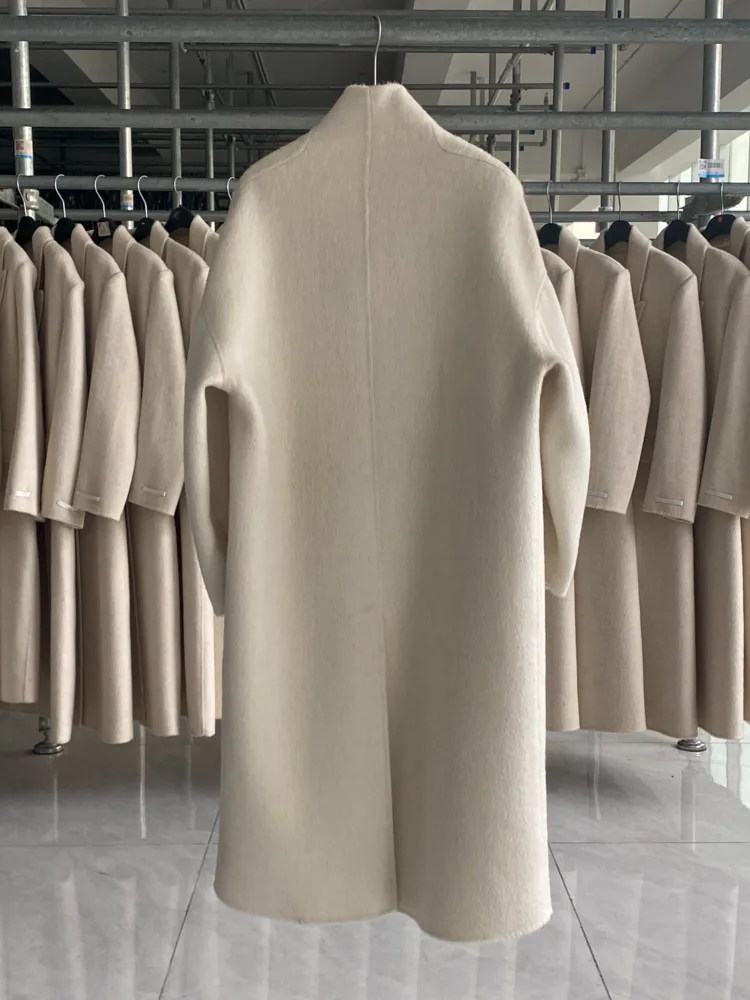 DFDG 2025 F/W معطف كشمير نسائي مخيط يدويًا بياقة مجعدة معطف طويل كبير الحجم تصميم بسيط معطف شتوي خندق #2