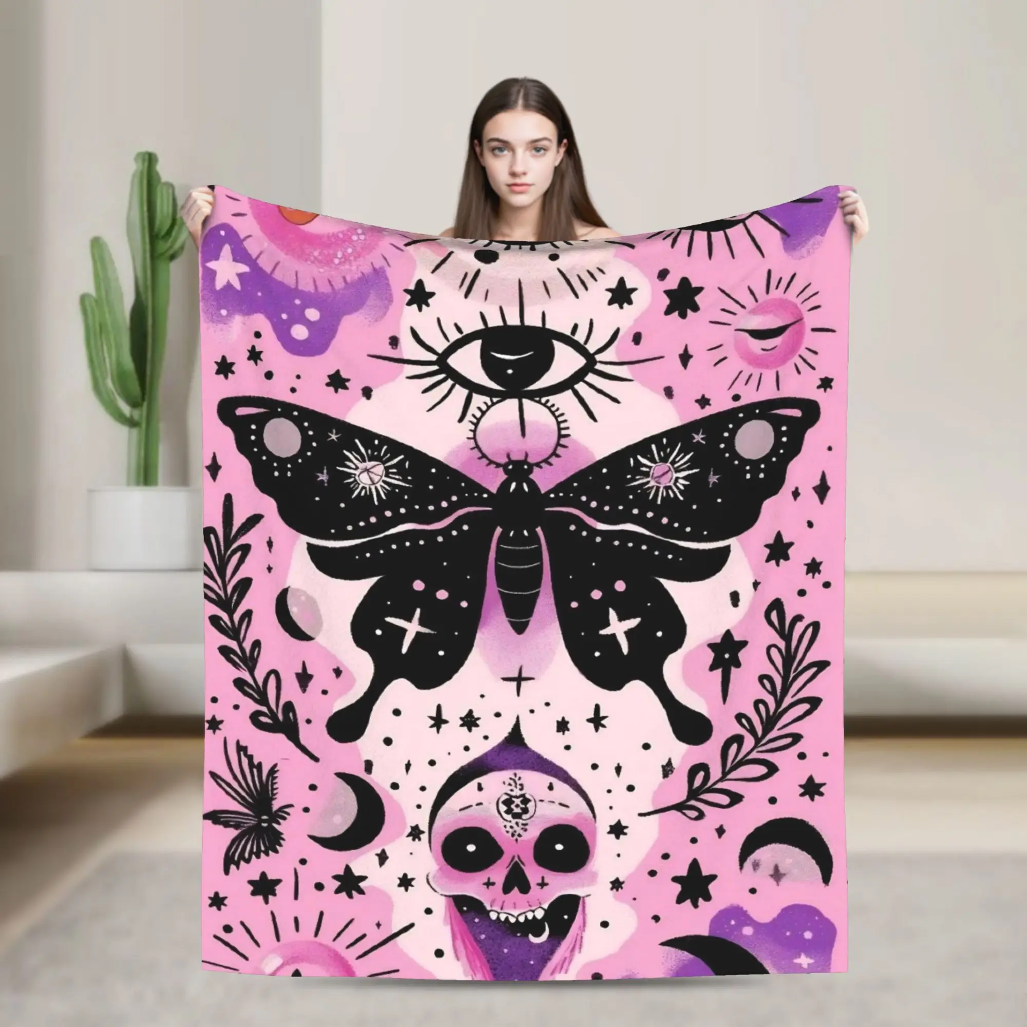 Halloween Gothic Knitted Blankets Mystical Moth Tarot Plush Throw Blanket Bedroom Sofa Decoration Soft Warm Bedspread