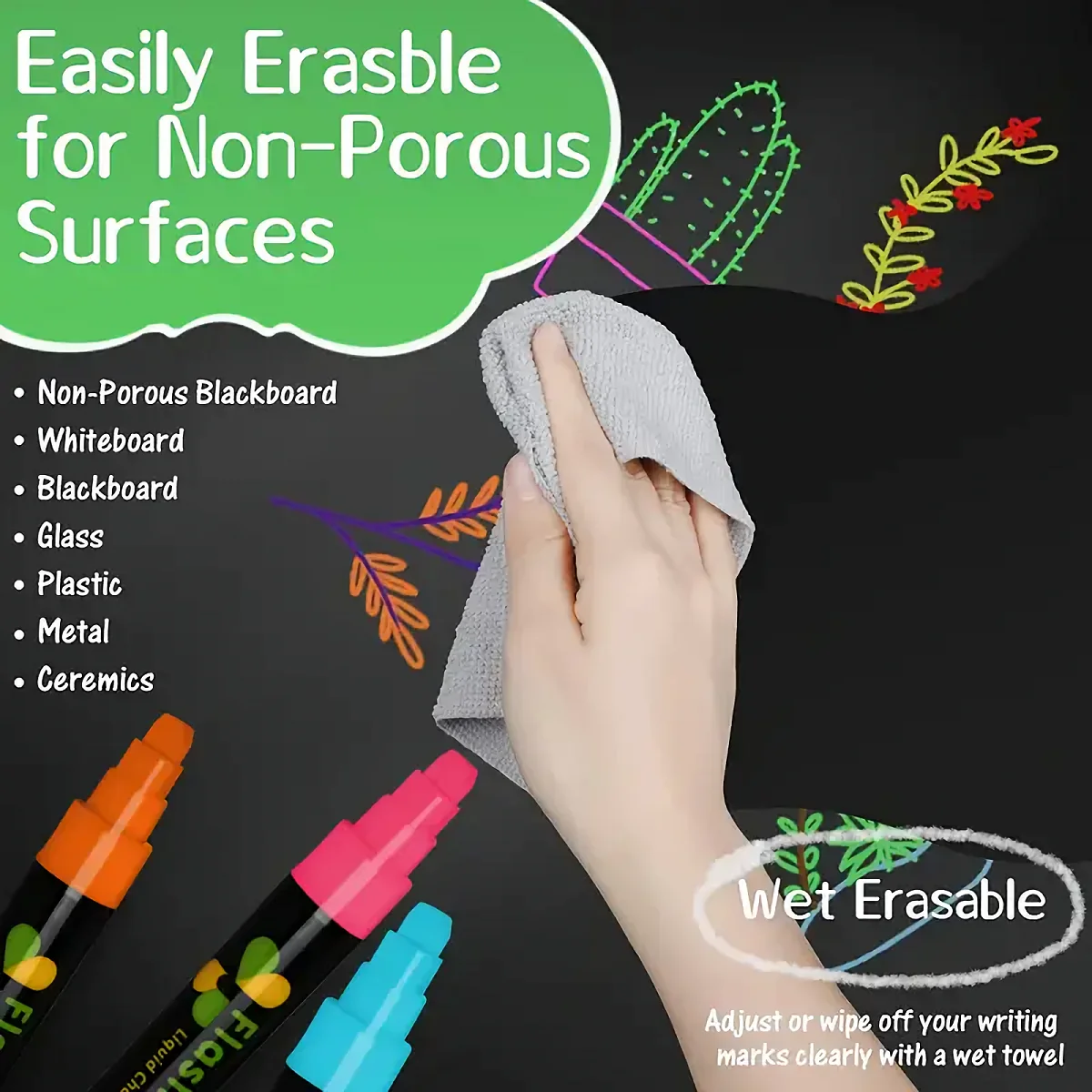 Smooth Surface Chalk Pens 8pcs/set, Fluorescent Wet Wipe Markers, Easy Cleaning, Suitable for Non-porous Areas and School Use