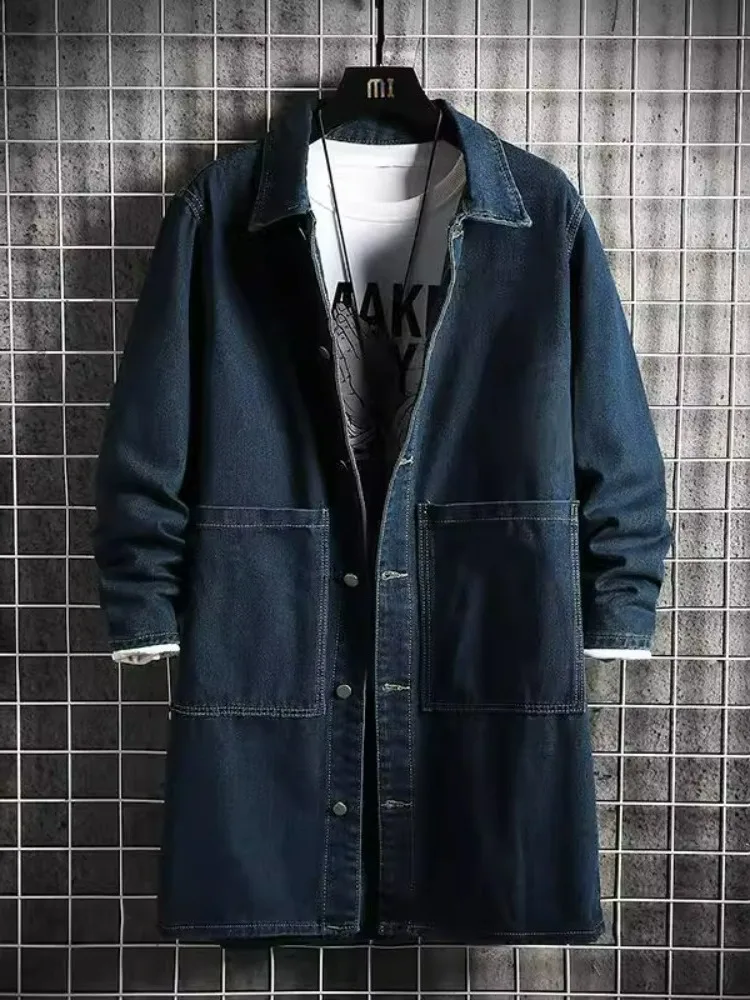 

plus Size Men's Denim Waed Jaet Coat Medium Length Spring Autumn Vintage Top Single Button Closure Loose Fit Youthwear