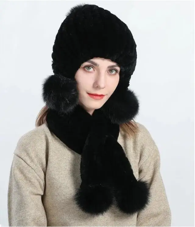 Winter Knitted 100% Natural Rex Rabbit Fur Hat Scarf Set Lady Women Fashion Fluffy Knitted Warm Cap Muffler