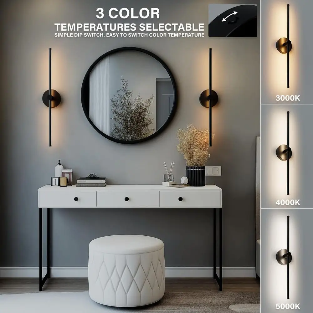 24 Inch LED Indoor Linear Wall Sconces Set o Two, 3CCT Switchable, Matte Black, Hardwired and Wall Mounted, Dimmable or Living R
