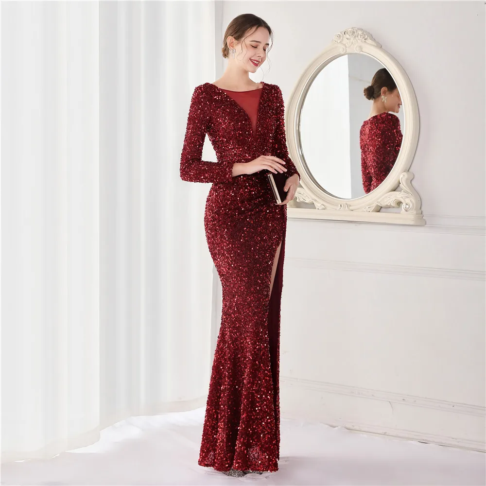 Sladuo-Robe de soirée à paillettes pour femmes, manches longues, col en V, pompon, tambour, fendue, maxi, sexy, élégante, formelle