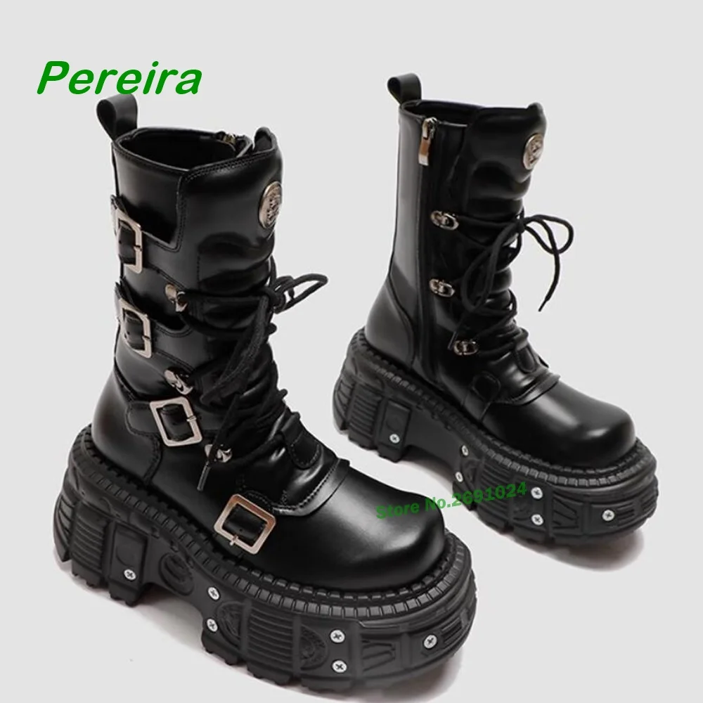 

Punk Thick Soled Knight Boots Round Toe Platform Lace Up Motorcycle Boots Spicy Girls Black Metal Buckle Short Booties Winter