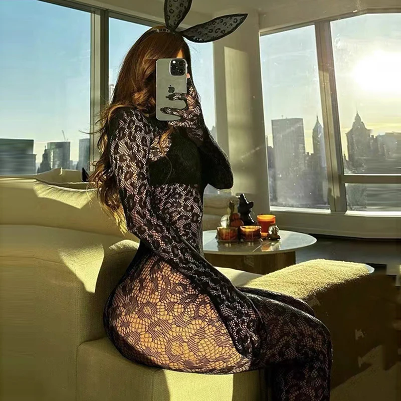 Sexy Costume Cosplay Full Body Stockings Erotic Crotchless Lingerie Women\'s Fishing Net Hollow Out Transparent Uniform Bodysuit