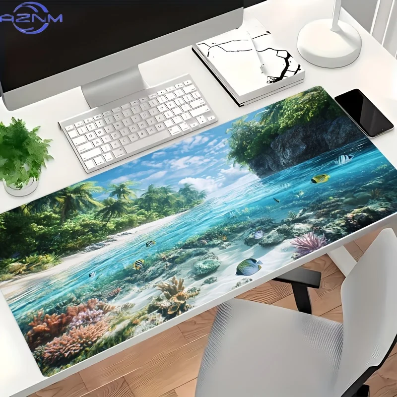 Large Island Dual-Scene Coral and Schooling Fish Illustration Pattern Gaming Mouse Pad, an Ideal and Perfect Gift Choice for Gam