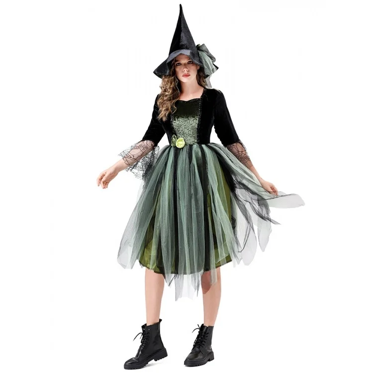 大人用グリーンワイルドウィッチコスチュームドレスハロウィンロールプレイング服ステージパフォーマンスおとぎ話テーマ女性用ドレス