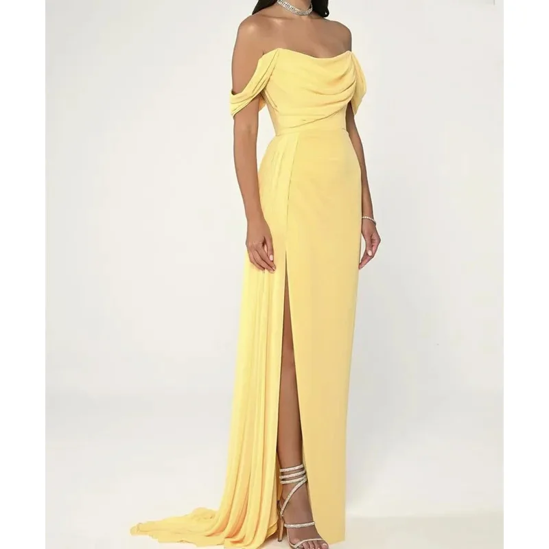 

Fimora Customized Elegant Long Yellow Chiffon Pleated Evening Dresses with Slit Sheath Off Shoulder Sweep Train Prom Dress 2025