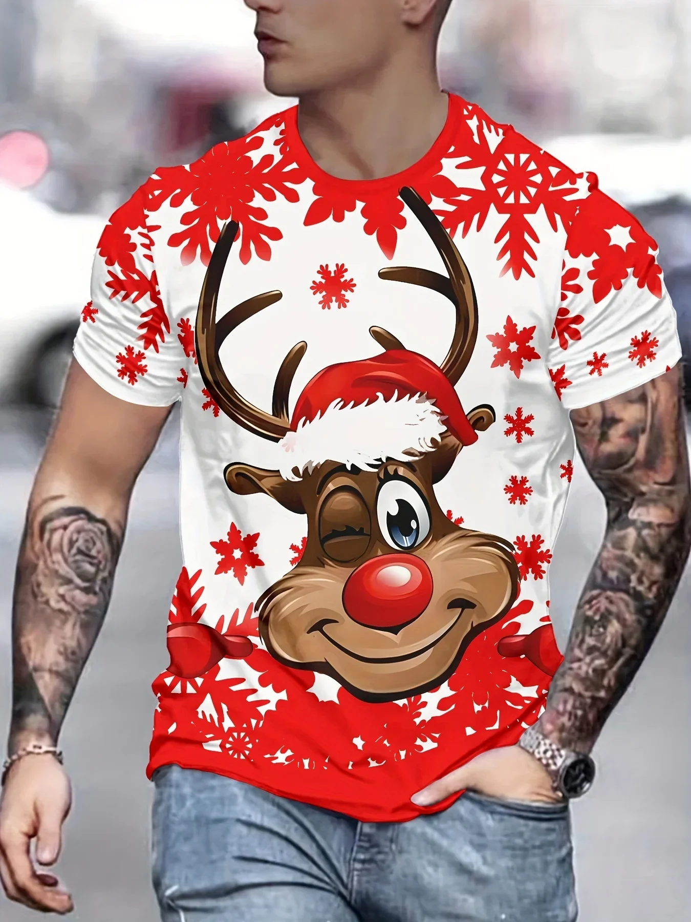 Fashion Men's Christmas Short Sleeve T-Shirt Cute Reindeer Graphic Tee Casual Round Neck Xmas Holiday T Shirts Funny Tops