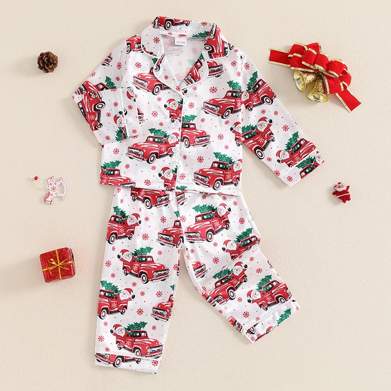 BeQeuewll Christmas Kids Girls Boys Pajamas Set Satin Santa Claus Button Children Sleepwear Long Sleeves Shirt Pants Loungewear