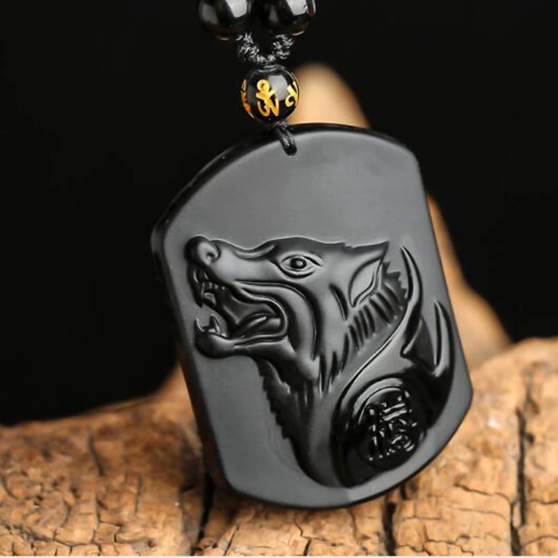 Natural Obsidian Guardian Brand Wolf head Pendant Jewelry Fine Jewelry Obsidian Wolf head Anti-evil Transit Pendant