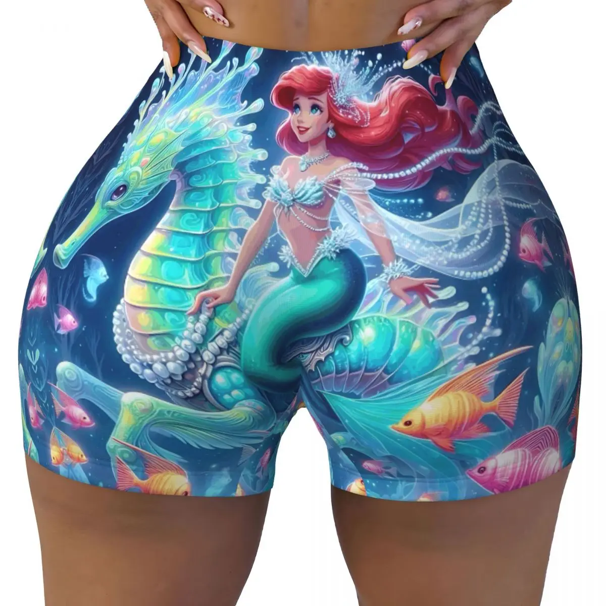 

Женские шорты для йоги с изображением Русалочки на заказ, спортивные байкерские шорты для бега в стиле комиксов