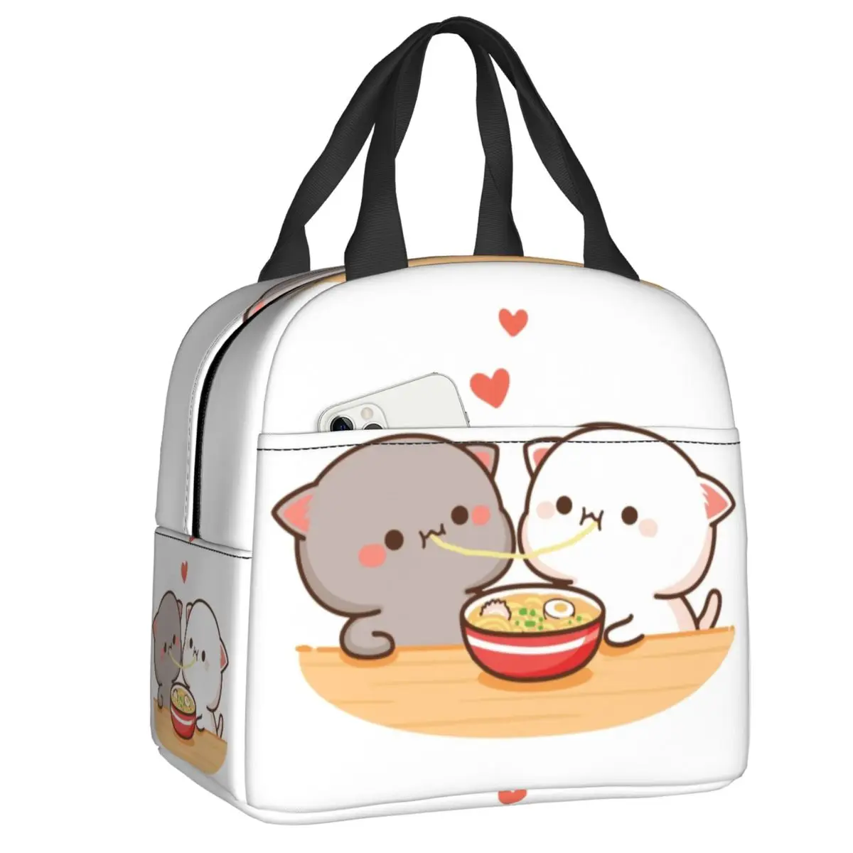 Custom Peach And Goma Mochi Cat Eating Ramen Thermal Insulated Lunch Bag Women Resuable Lunch Tote School Multifunction Food Box