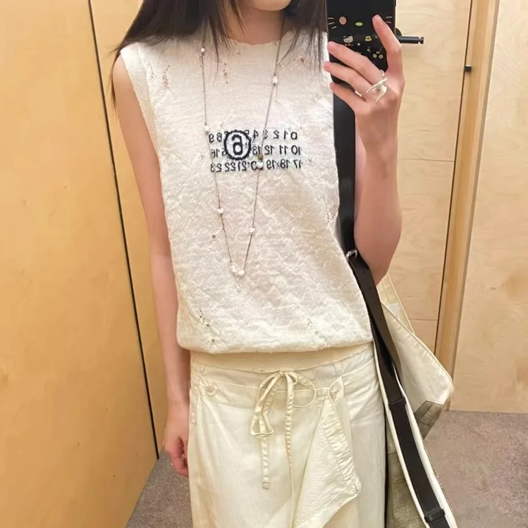 

Модный вязаный жилет с круглым вырезом и эффектом потертости, свободного кроя, с цифровым интарси-дизайном, повседневный, женская верхняя одежда, топ