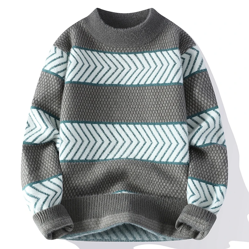 

Soft Thiened Men's Stripe Knitwear Sweater Winter Warm Teenage Student Base Layer f High Collar Long Sve Straight Fit