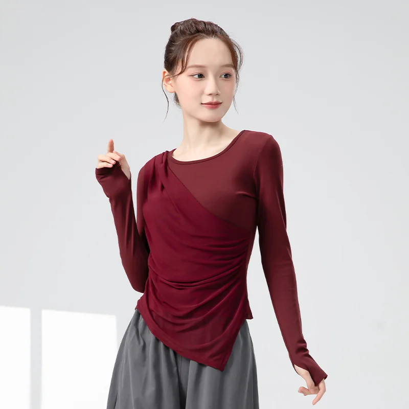 

Танцевальный топ для женщин: современная танцевальная рубашка с длинным рукавом, открытыми пальцами, асимметричный крой, для йоги, недорогой костюм для сцены и тренировок