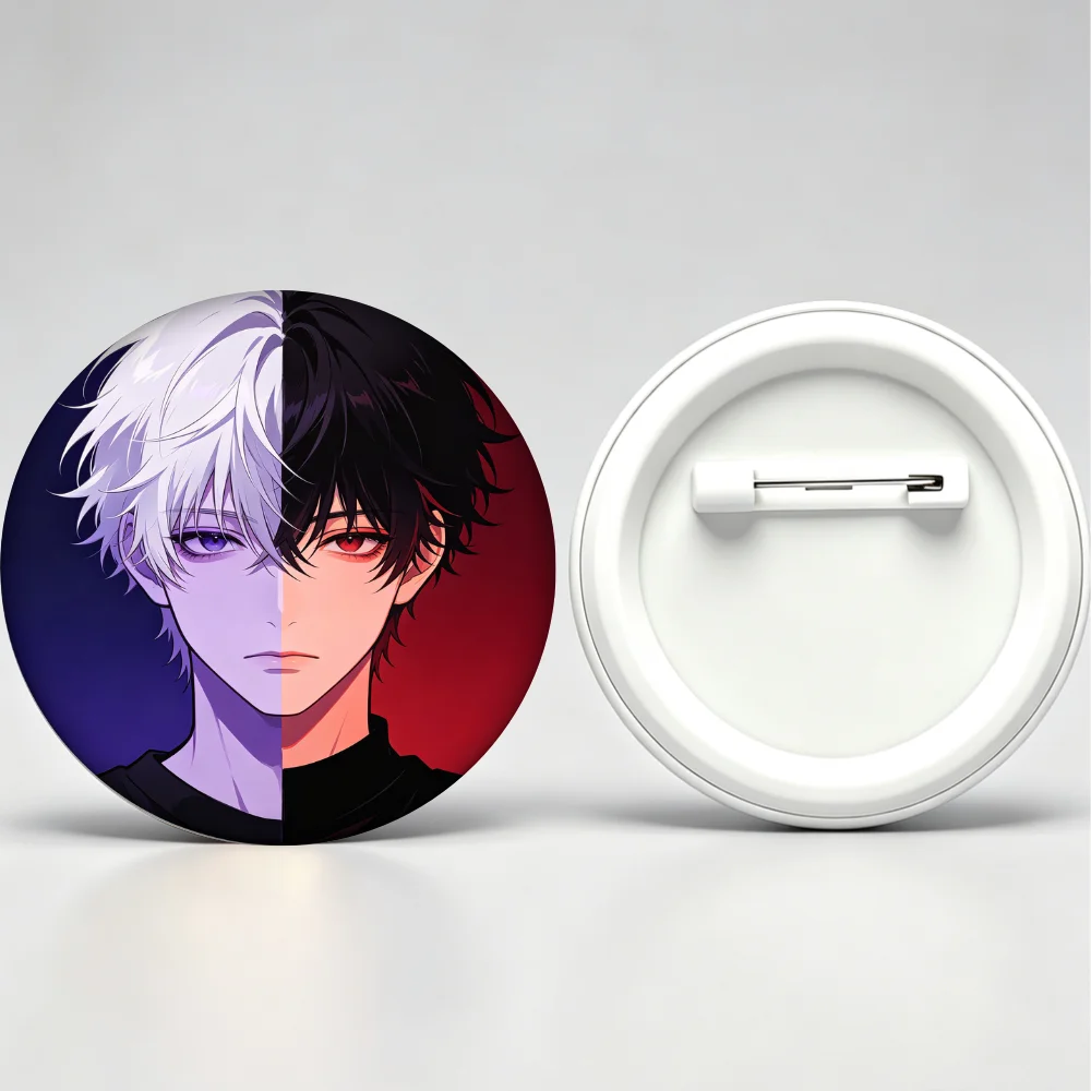 Cool Anime Boy Brooch Pin 32/44/58mm Tinplate Badge, Split Face Character Lapel Pin for Backpack Clothing Decor