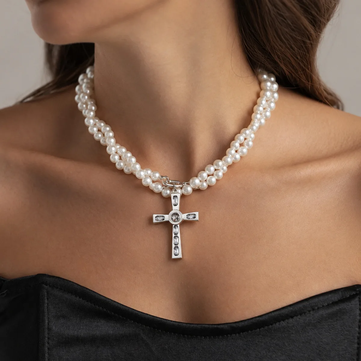 Elegant Long Imitation Pearl Choker Crystal Cross Necklace Women Exquisite Romantic Adjustable Sweater Chain Lady Charm Jewelry
