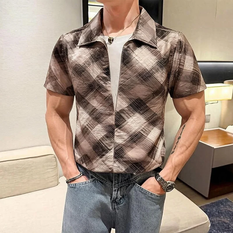 Retro Embossing Art Short Sleeved Men Shirts Summer Fake Two-piece Plaid Print Man Shirt Fashion Pullover Camisas Masculina