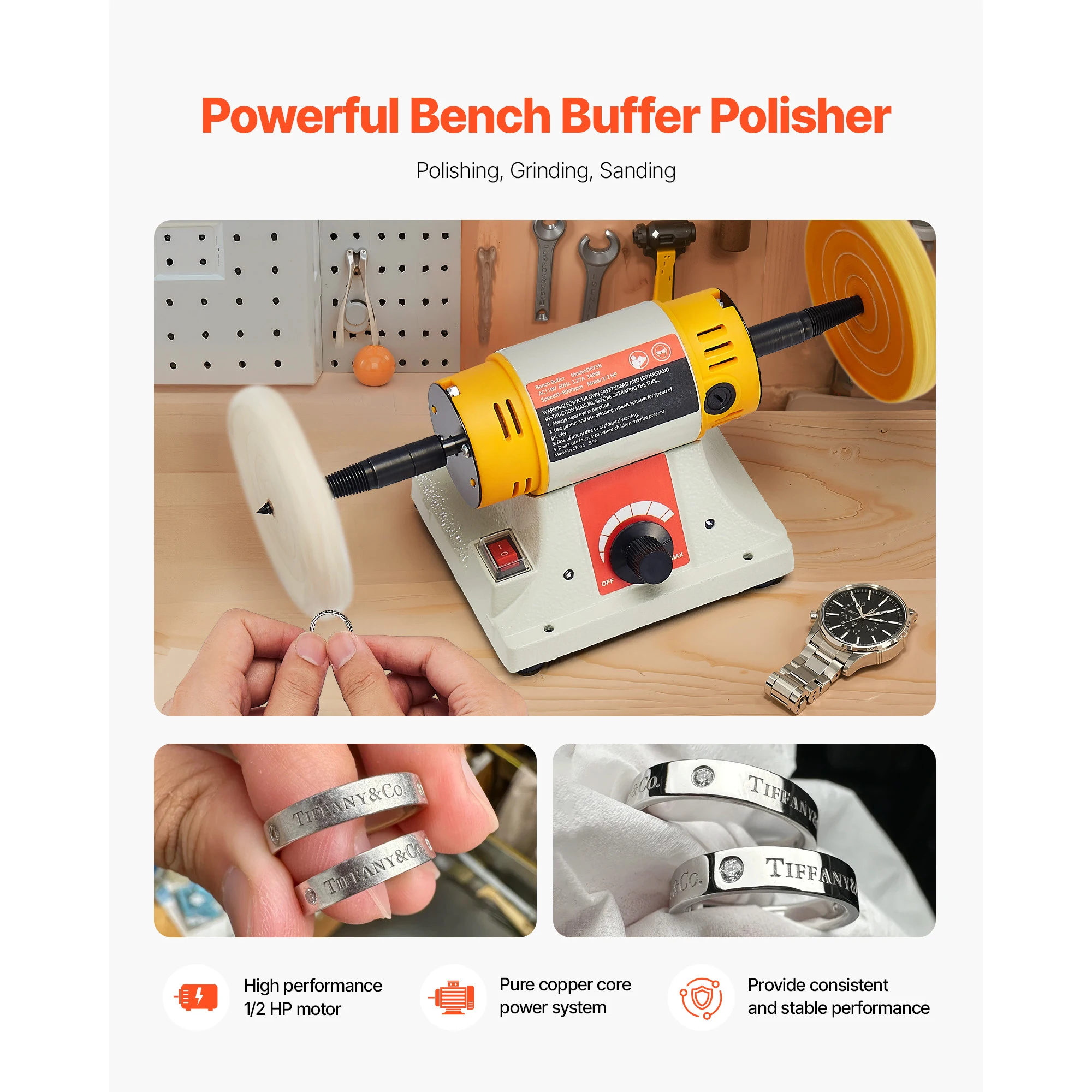 SucceBuy Bench Buffer Polisher 1/2HP 0 to 8000RPM with 2PCS4