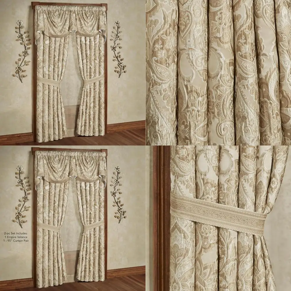 

elegant neutral-toned window treatments: inspired by jacobean floral damask and medallion designs
