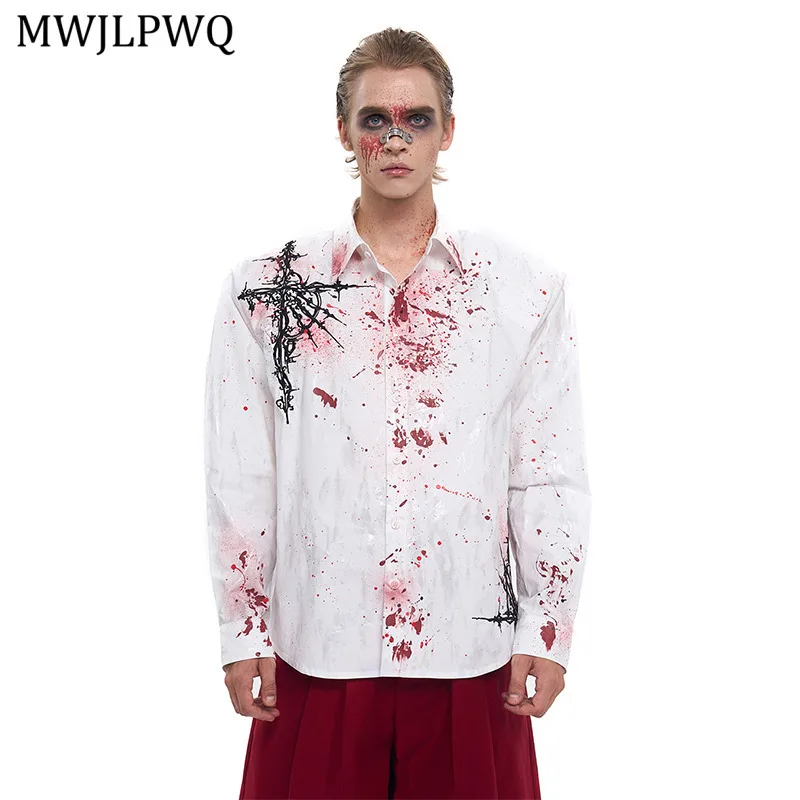 

MWJLPWQ Silver Gothic Embroidered Men Shirt Lapel Single Breasted Niche Shoulder Pad Casual Long Sleeve Tops Autumn Trendy 11311