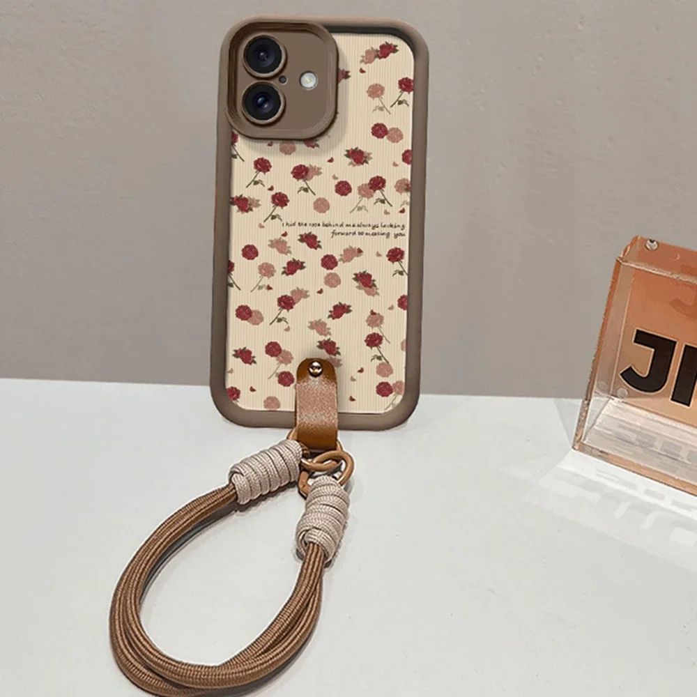 Luxury Rose Flower Strap 16 Phone Cases for iPhone 13 11 14 15 Plus 12 16 Pro Max X XR XS 15pro MAX Case Silicone Lanyard Cover