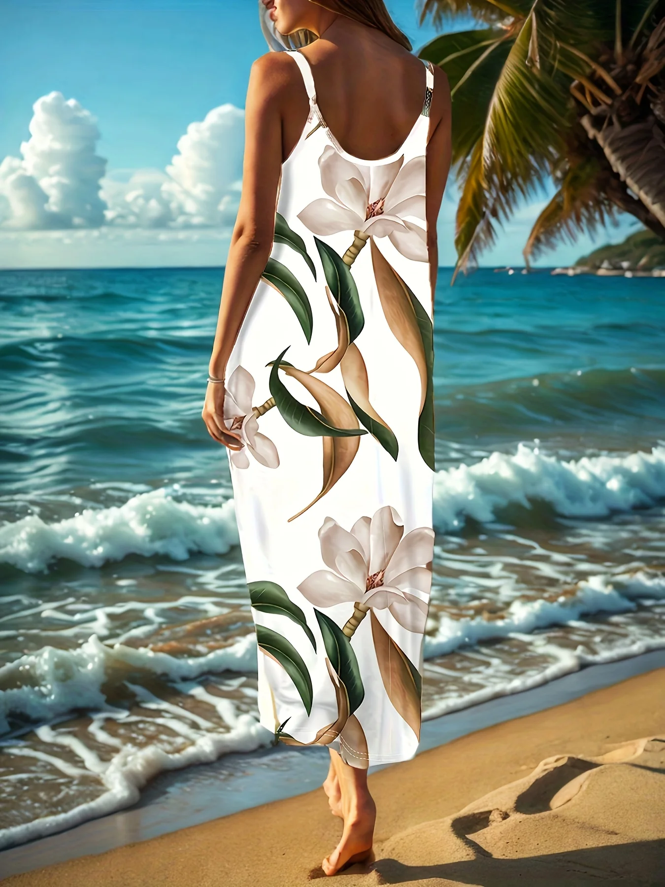Robe blanche à bretelles Spaghetti pour femmes, imprimé Floral Magnolia réaliste, élégante, romantique, plage, décontractée, été