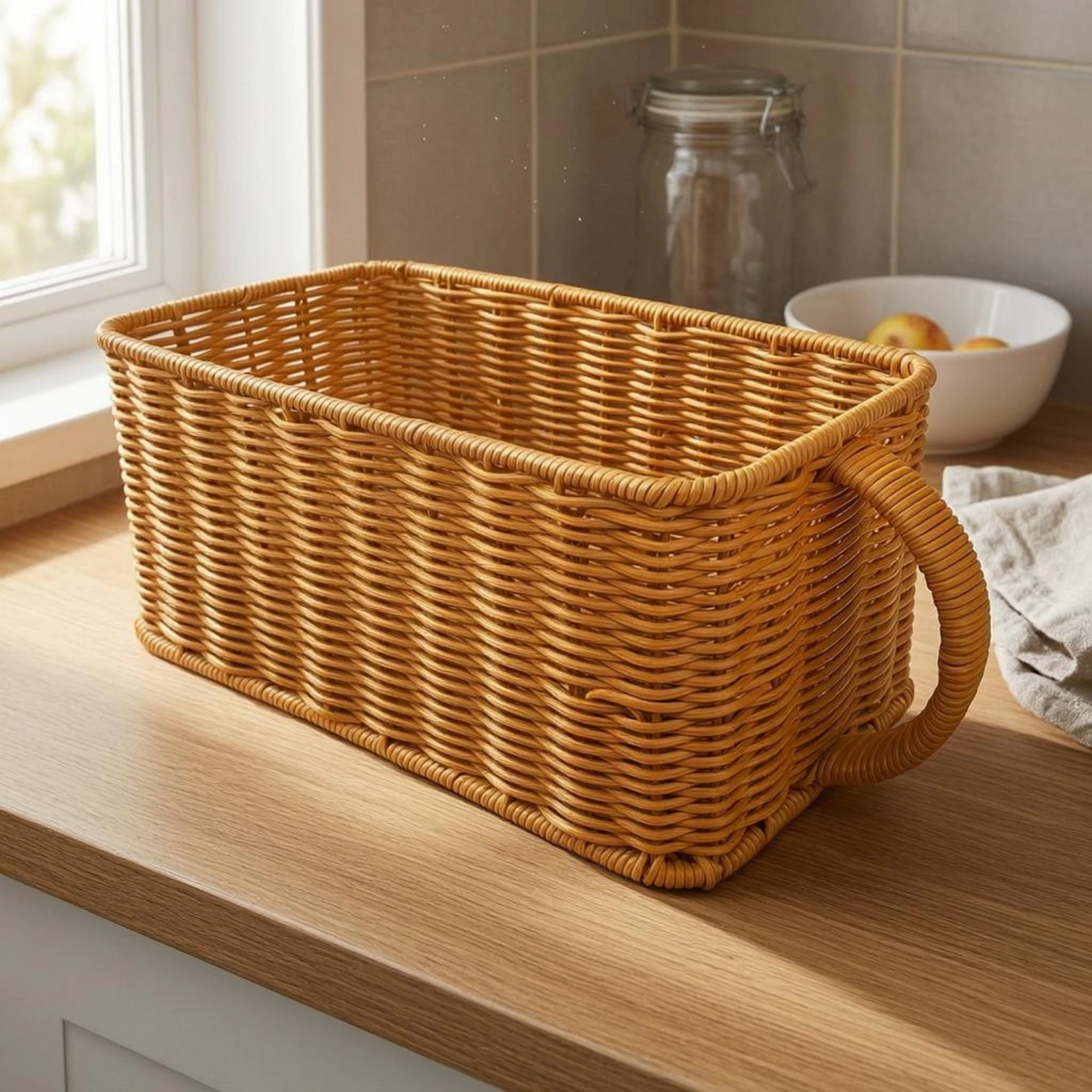 Woven Rattan Basket Rigid Rattan-Style Basket Household Organizer Rounded Corners Natural Material for Shelf